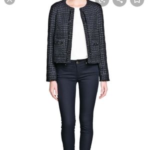 Mango Navy Frayed Boucle tweed jacket XXS